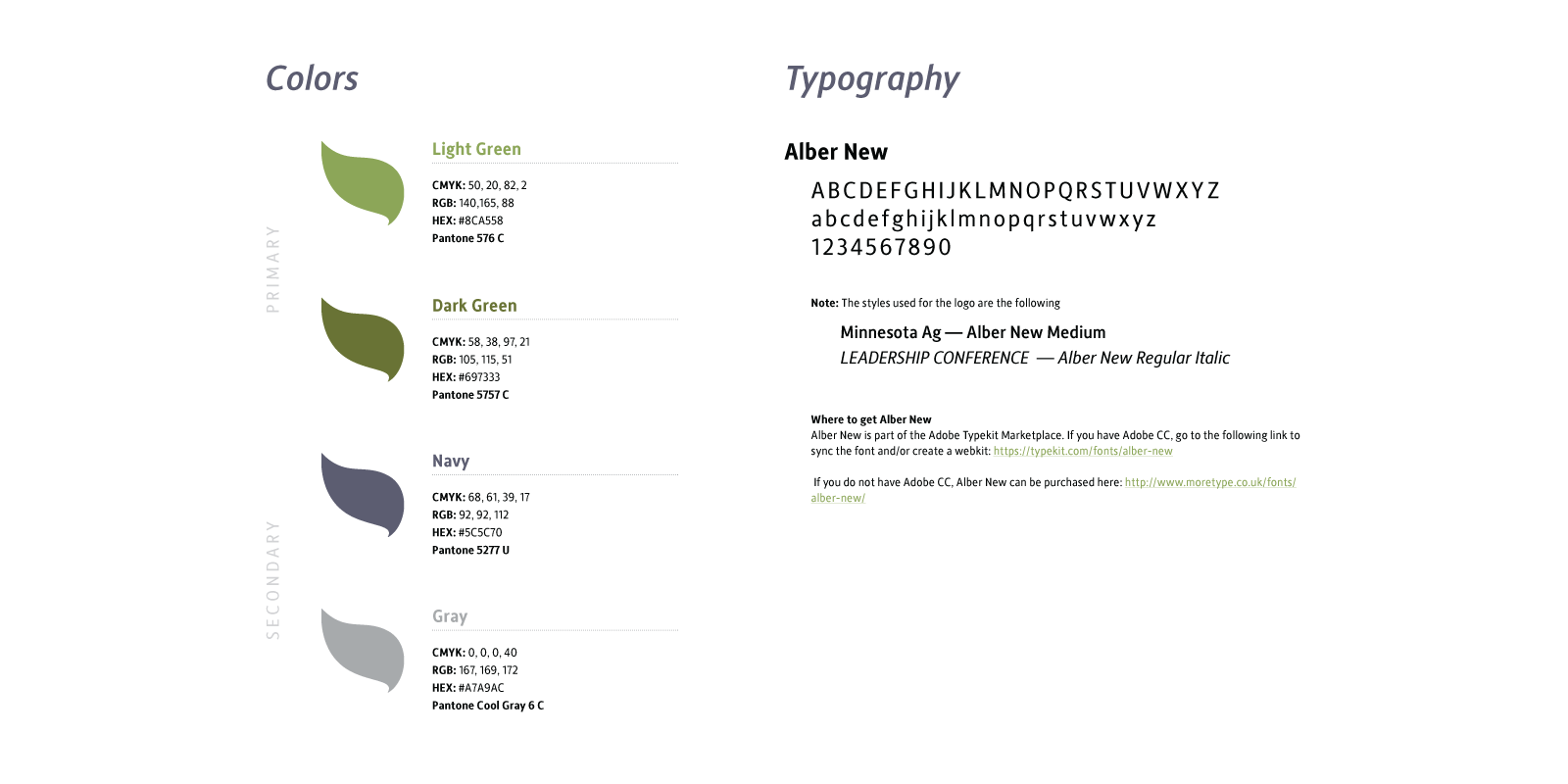Brand guidelines for the Minnesota Ag Leadership Conference colors and typography