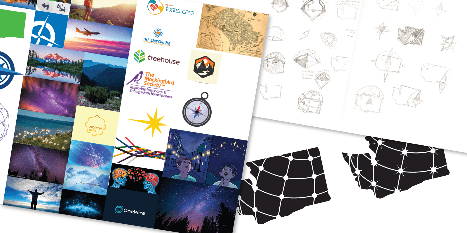 Michael's moodboard, sketches, and digital sketches for the Washington Passport Network's New Logo