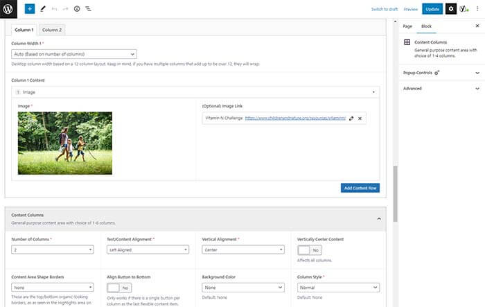 Screen capture of a WordPress page being updated in the new block editor.