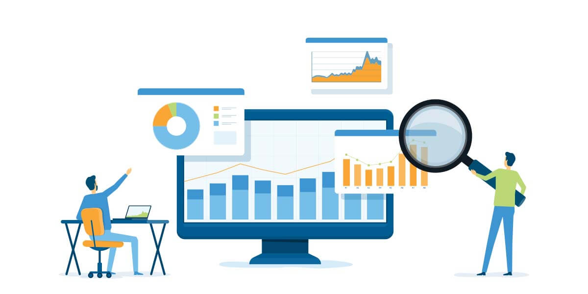 Illustration of two writers reviewing data and graphs.