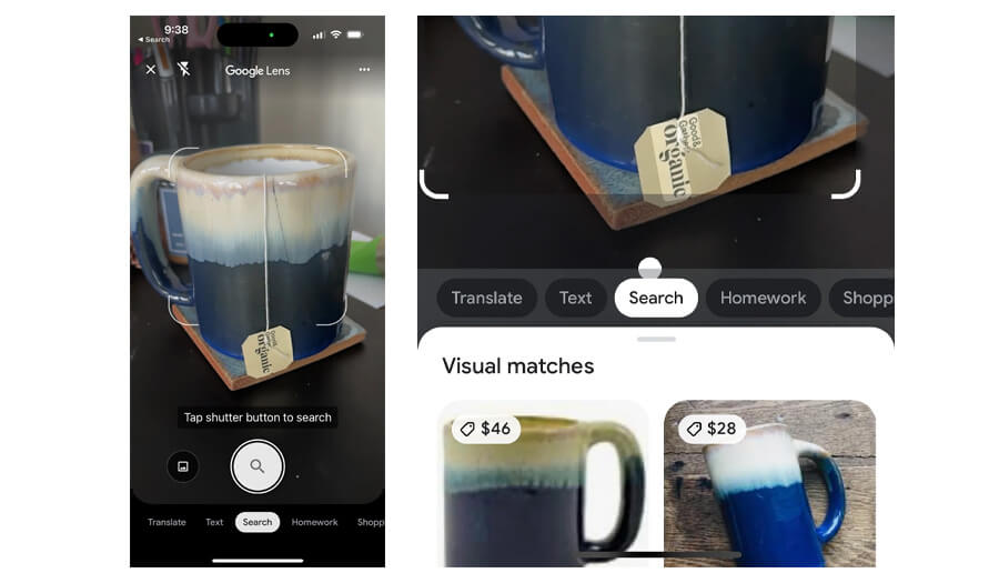 Screen shots of using Google lens to identify a coffee mug to buy.