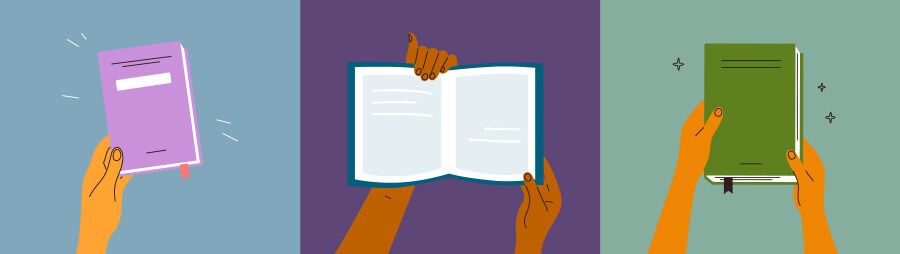 Illustration of people holding journals.