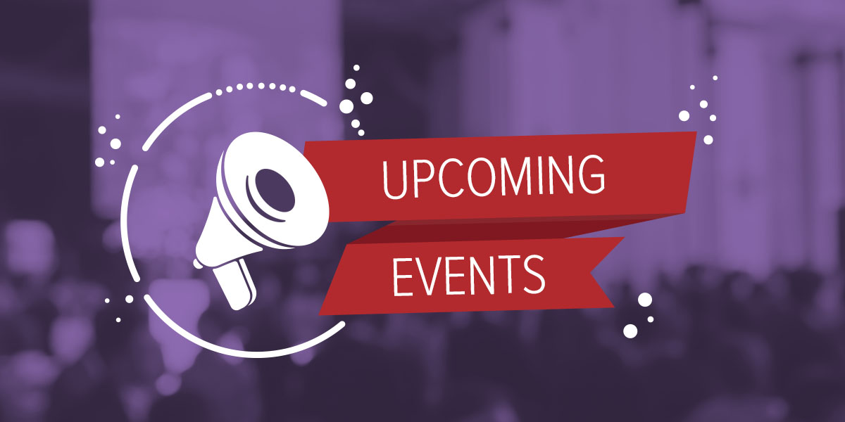 Illustration of a bullhorn and banner with text upcoming events.