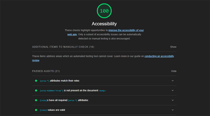Screen capture of the Chrome browser built-in accessibility testing tool.