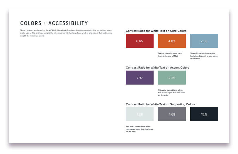 Example of ArcStone's brand guide accessibility page.