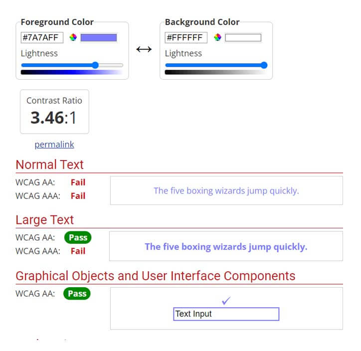 A screen capture showing the WAVE color contrast testing tool.
