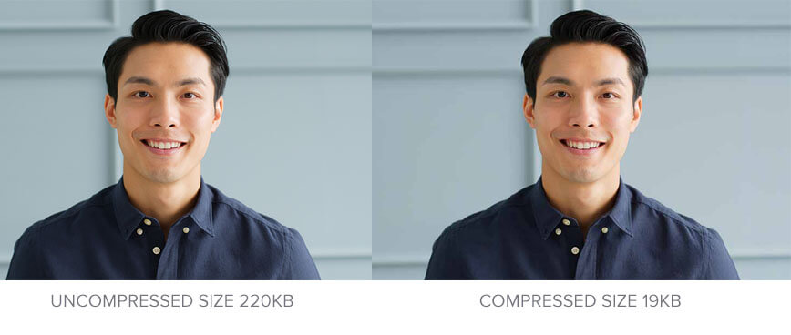 Two faces showing difference between image compression.