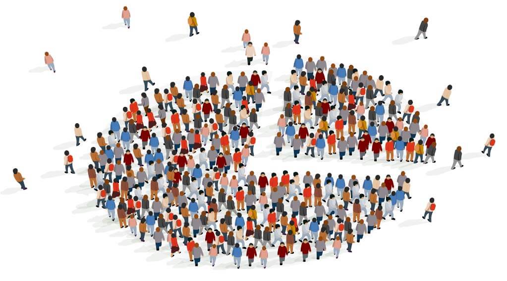 A large group of people arranged in a pie chart.