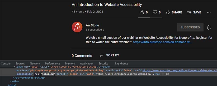A screen shot of a YouTube video description area showing that links are no follow type.