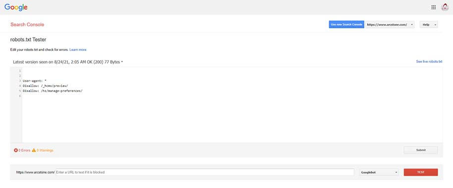 A screen shot of Google's robot tester webpage.