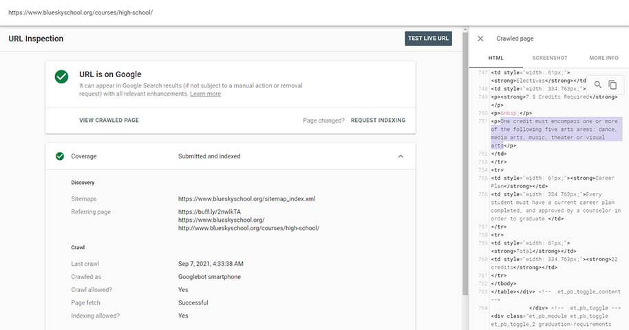 A screen shot of the Google URL inspect tool showing how we can verify specific content is indexable by Google.