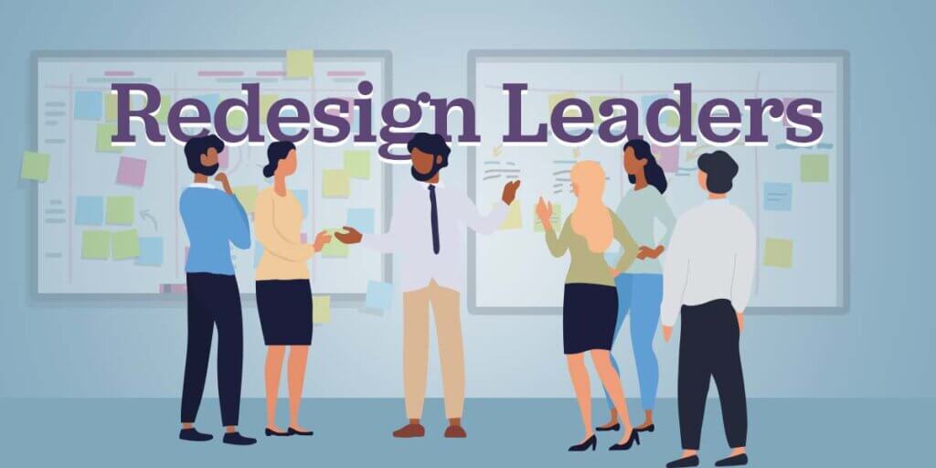 Illustration of people meeting in front of whiteboards.