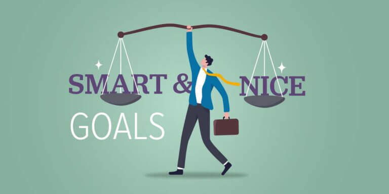 Illustration of a business person balancing the words SMART and NICE on scales.