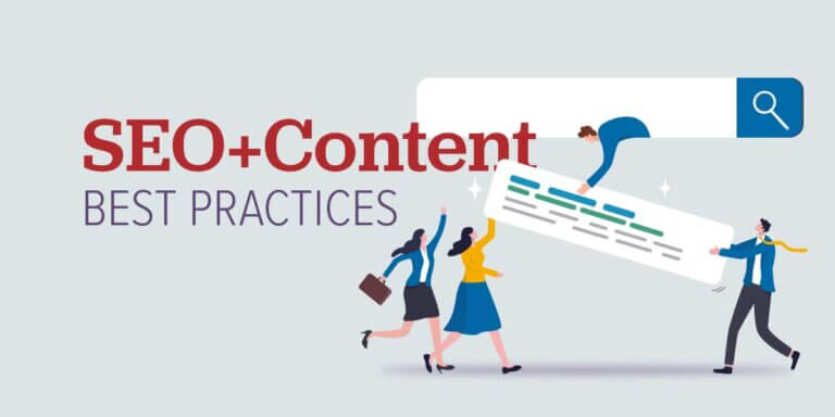 Illustration of people feeding content into a search engine.