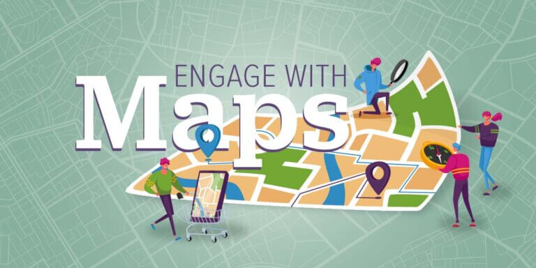 Illustration of people using a huge map to find things.