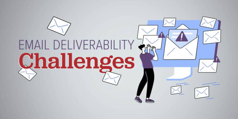 Illustration of a person surrounded by blocked email and a large computer screen.