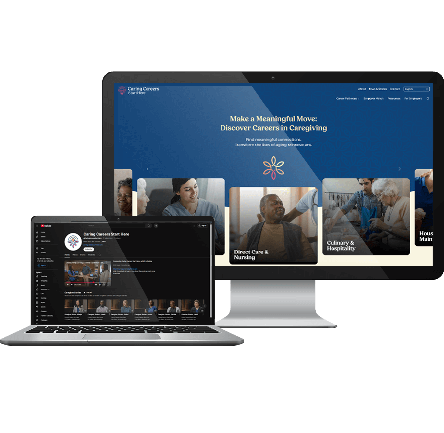 Two computers showing the new Caring Careers Start Here website and YouTube channel page.