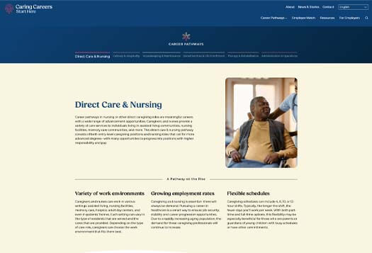 Screenshot of website where visitors can explore long term care career path information.