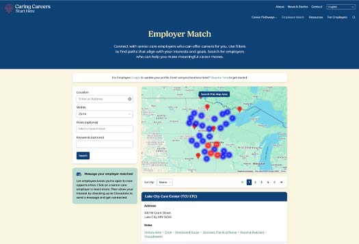 Screenshot of website where users can search for available long term care jobs in Minnesota.