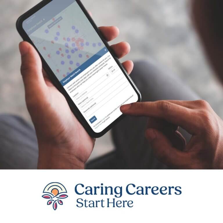 A person searching for jobs on Caring Careers Start Here website.