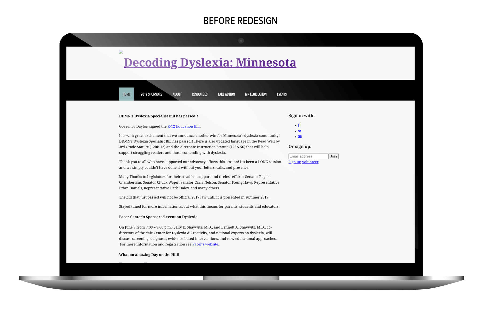 Decoding Dyslexia's website before redesign on laptop screen.