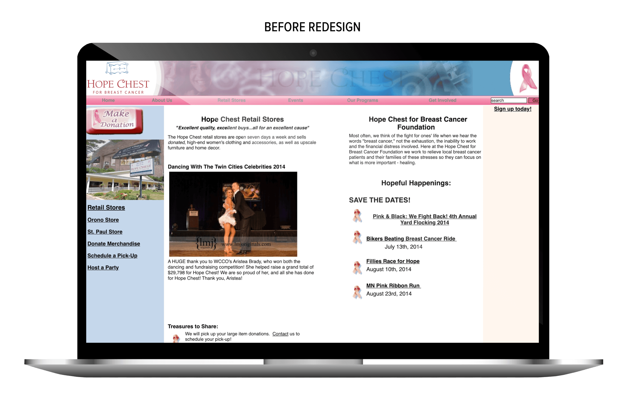 Hope Chest website before redesign on laptop screen.
