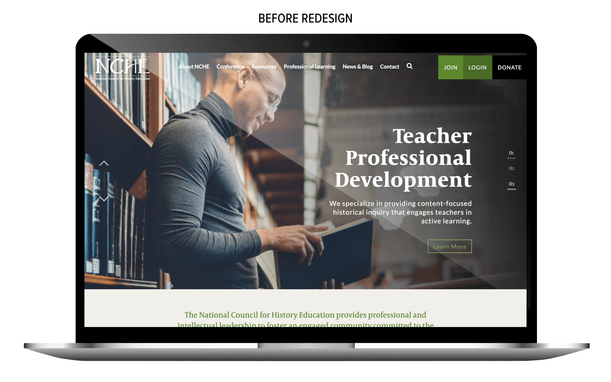 NCHE's website on laptop screen before redesign.