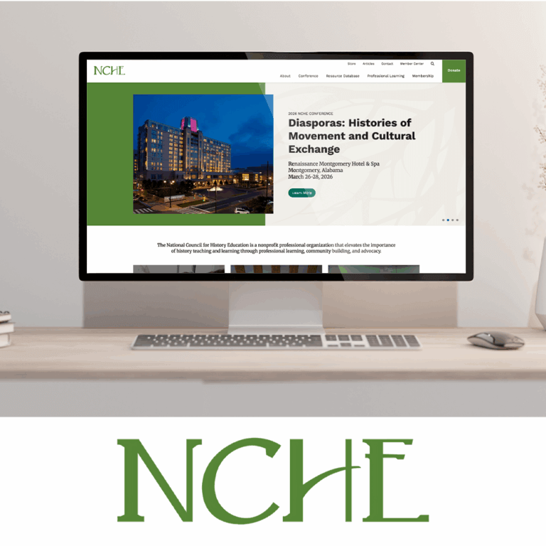 NCHE's new website on monitor screen with logo below