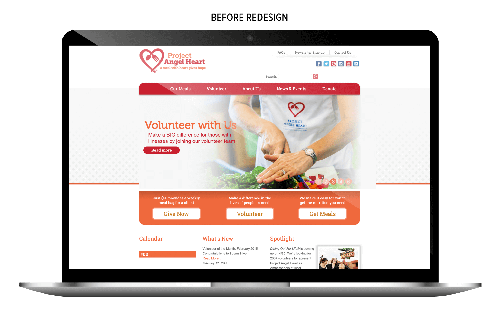 Project Angel Heart Website before redesign on laptop screen. Text: "Before Redesign" on top.