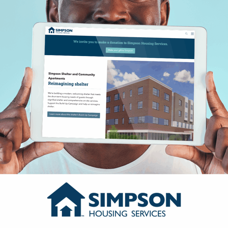 Simpson Housing Service's new website on tablet with logo underneath.