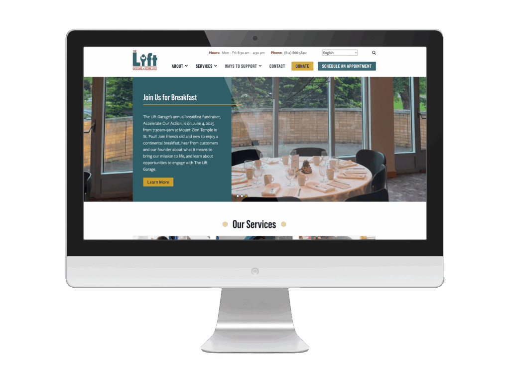 The Lift Garage's new website on monitor screen.