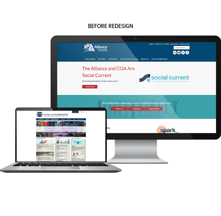 Social Current's websites before merge and redesign.