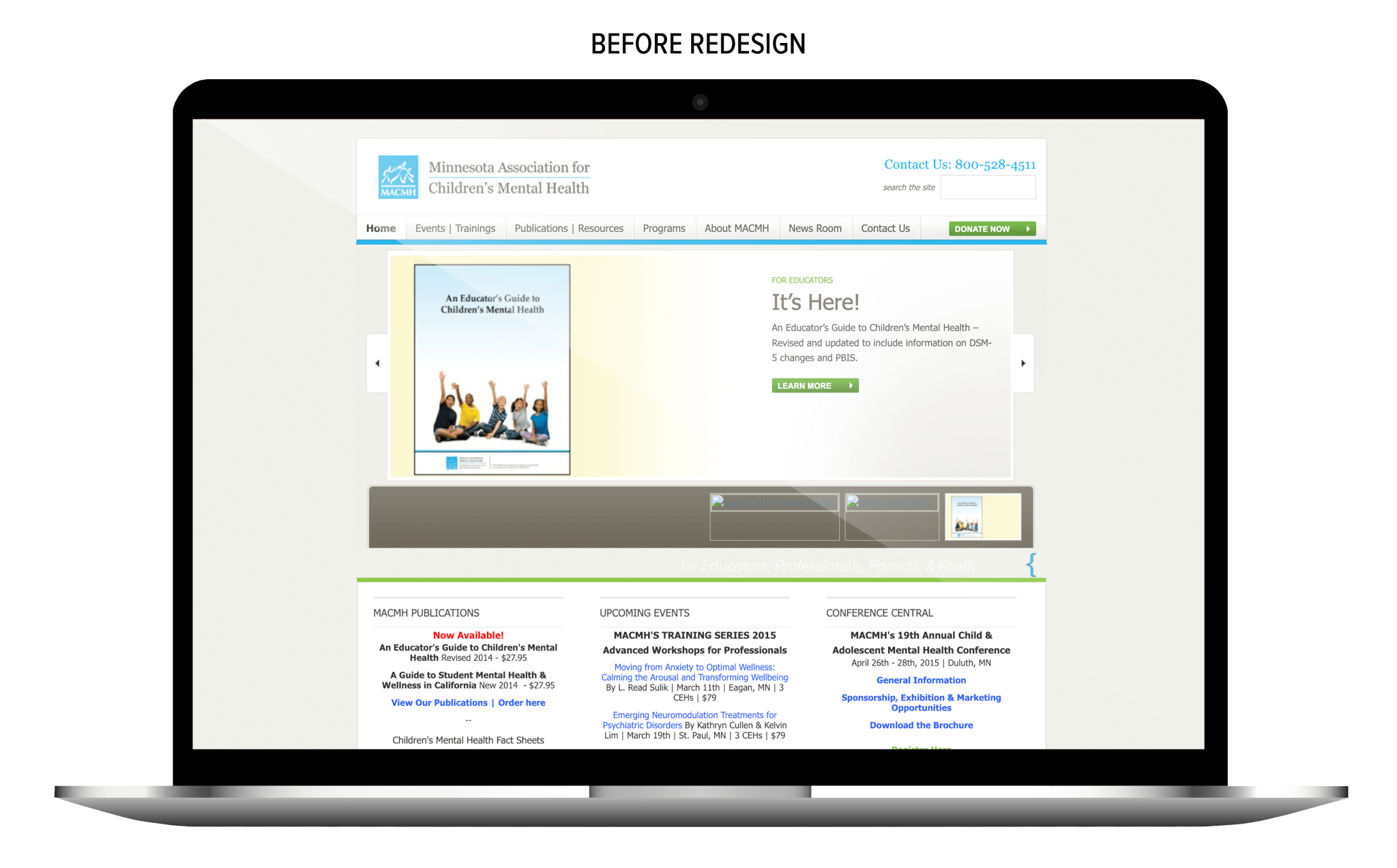 MACMH's before redesign website on laptop screen.