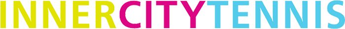"innercitytennis" text in yellow, pink and blue