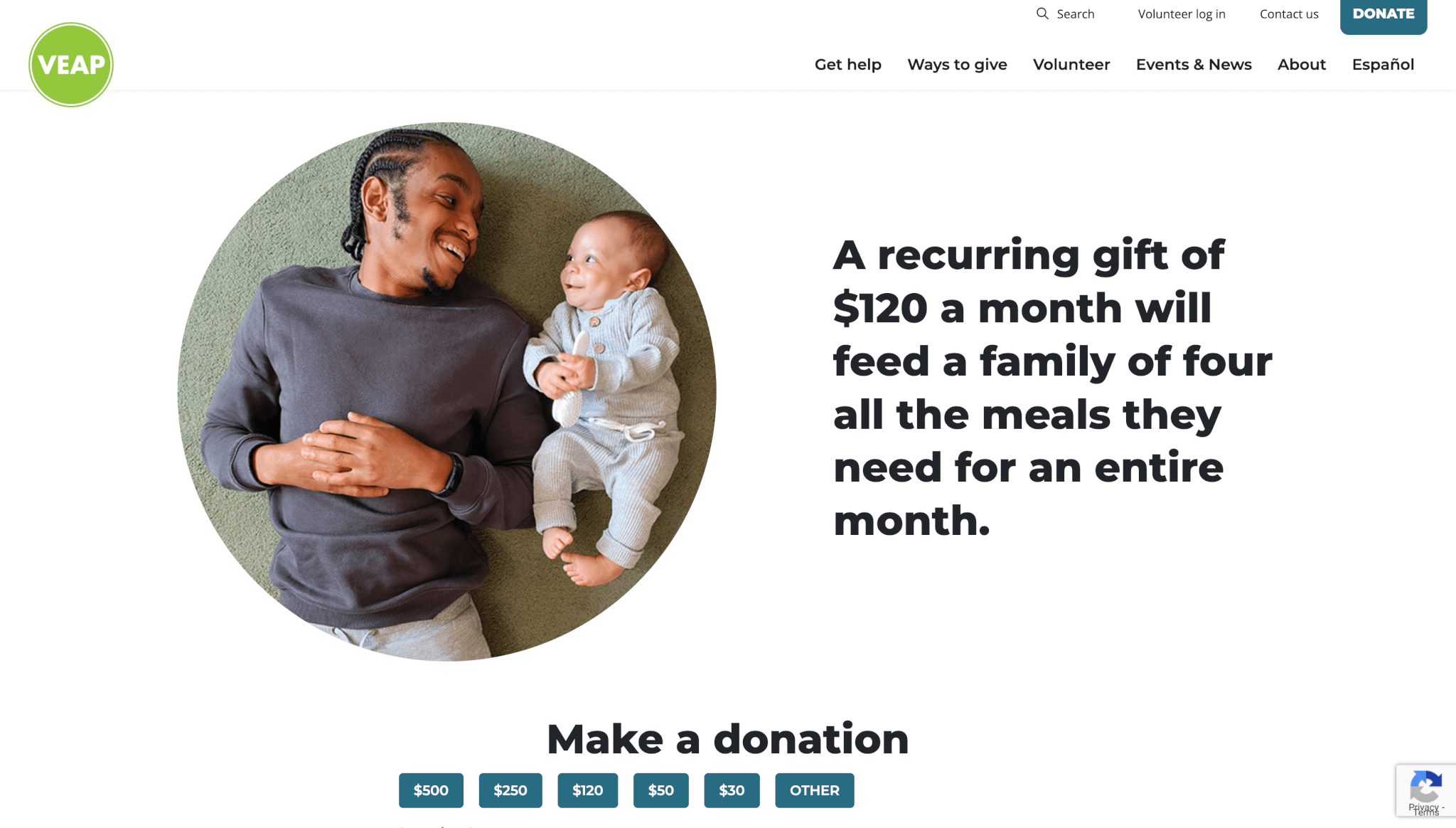 Screenshot of a donation appeal from VEAP’s website. On the left, a smiling man lies on the floor beside a happy baby, both looking at each other. On the right, bold text reads: “A recurring gift of $120 a month will feed a family of four all the meals they need for an entire month.” Below, a heading says “Make a donation” with buttons for preset donation amounts: $500, $250, $120, $50, $30, and “Other.”