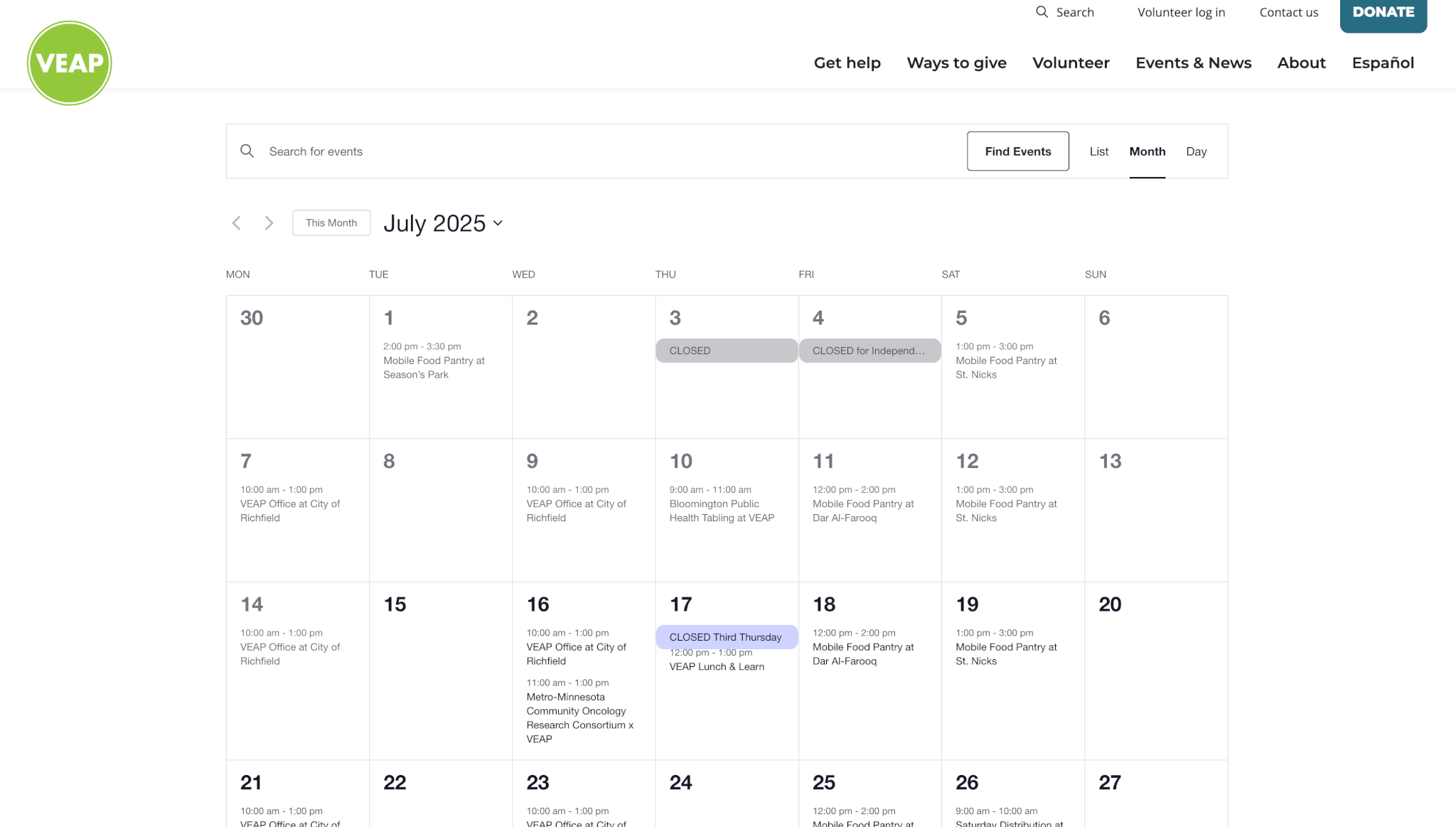 Screenshot of VEAP’s events calendar for July 2025. The calendar is displayed in month view, showing various community events such as Mobile Food Pantries at different locations, VEAP office hours at City of Richfield, and special events like “Lunch & Learn” and a “Community Oncology Research Consortium.” July 3 and 4 are marked as closed for Independence Day. Navigation and filter options appear at the top, along with the VEAP logo and site menu.