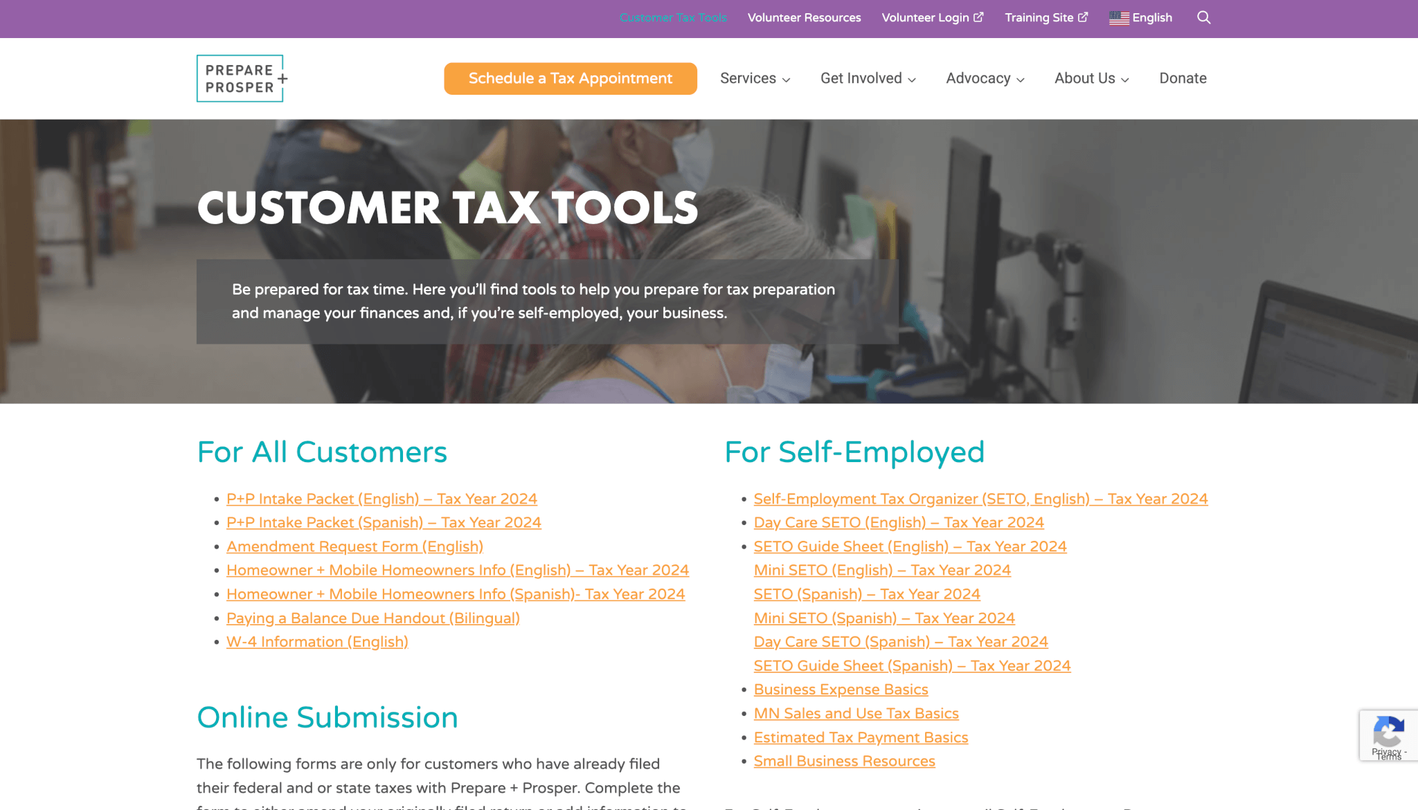 Screenshot of the "Customer Tax Tools" page from the redesigned Prepare + Prosper website by ArcStone. The header includes the Prepare + Prosper logo, navigation links, and an orange “Schedule a Tax Appointment” button. Below, a banner with masked volunteers working at computers contains the title “Customer Tax Tools” and a subheading encouraging users to prepare for tax time. The page is divided into two columns: "For All Customers" and "For Self-Employed," each with linked tax prep resources for Tax Year 2024, available in English and Spanish. Additional sections cover online submission instructions and tax basics for small businesses.