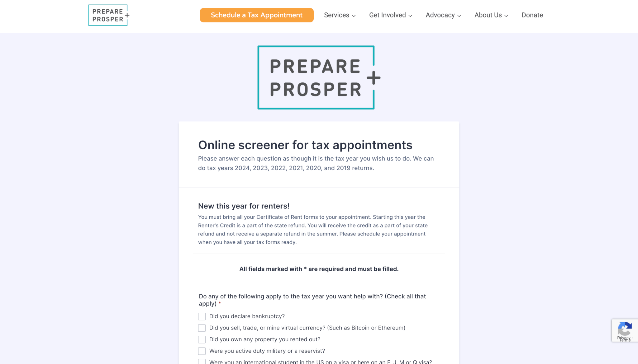 Screenshot of the redesigned Prepare + Prosper online screener page for tax appointments, created by ArcStone. The top navigation includes the Prepare + Prosper logo, an orange “Schedule a Tax Appointment” button, and dropdown menus for Services, Get Involved, Advocacy, and About Us. Below, a large heading reads “Online screener for tax appointments,” with a subtext noting they handle returns for tax years 2019–2024. A highlighted section titled “New this year for renters!” explains changes to Minnesota’s Renter’s Credit process. The form begins with required checkboxes asking about financial circumstances such as bankruptcy, cryptocurrency activity, rental property ownership, and military service.