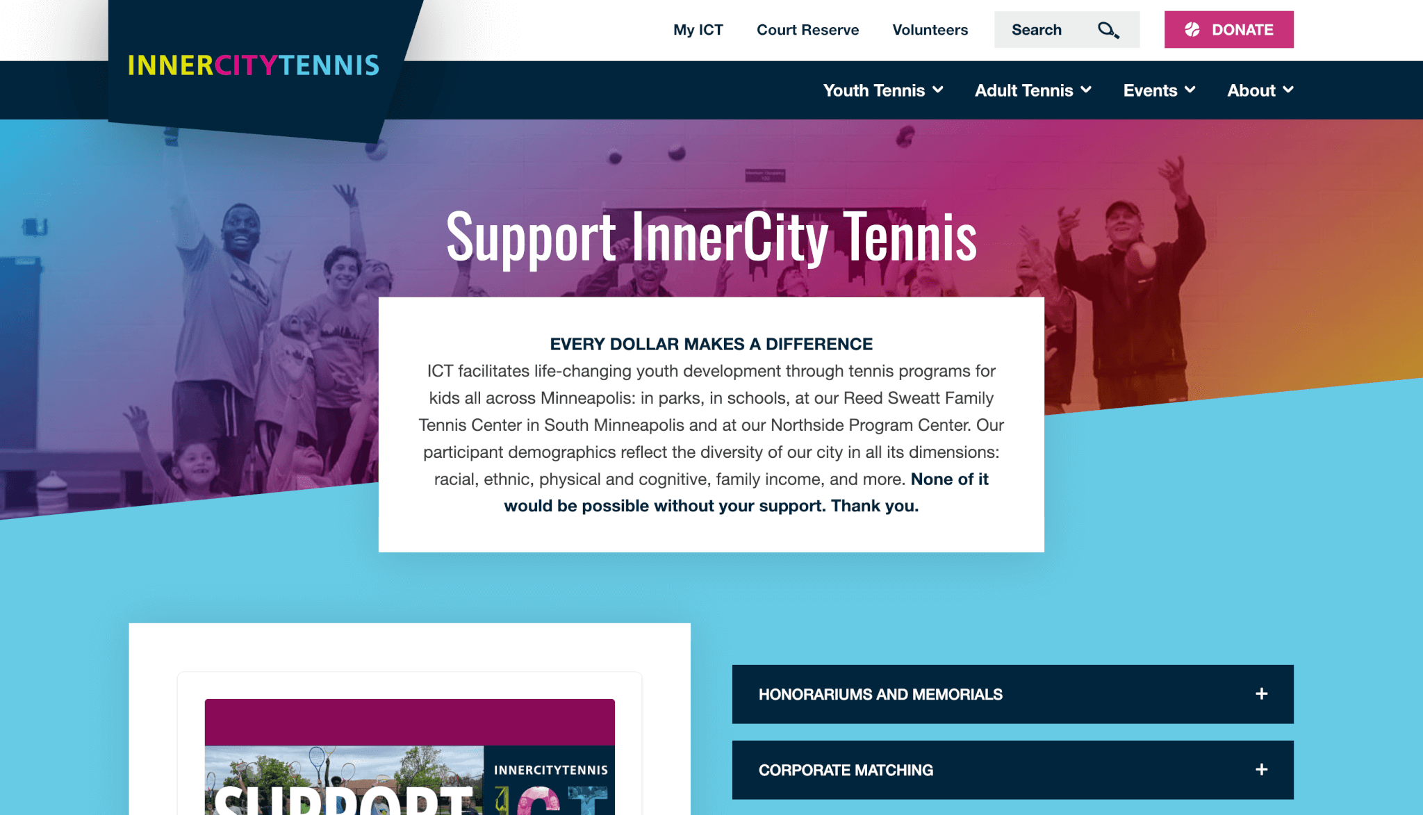 Redesigned "Support InnerCity Tennis" page.
