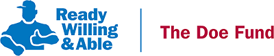 Ready, Willing & Able and The Doe Fund logo with blue figure icon and red text.
