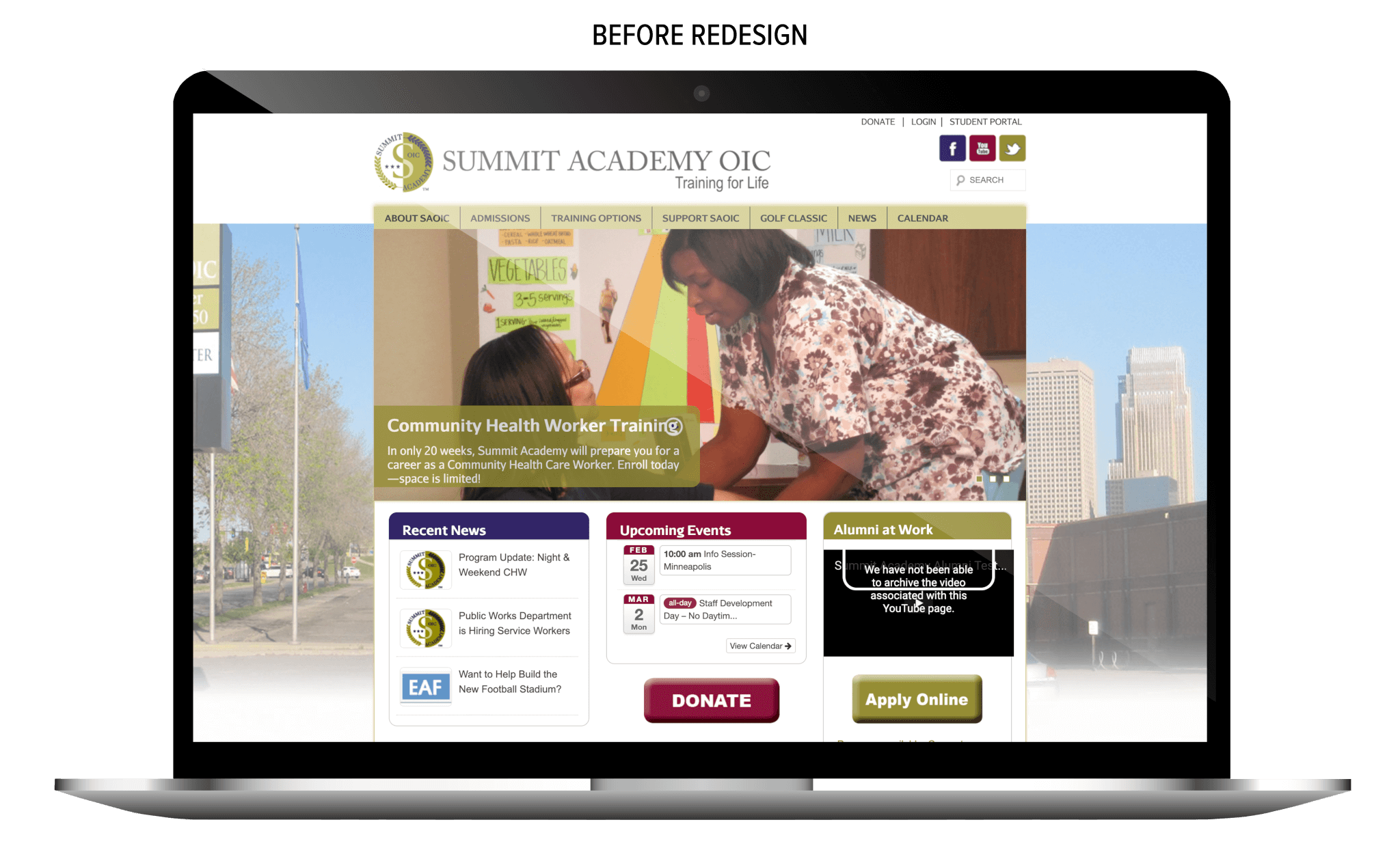 Screenshot of Summit Academy OIC’s previous website design displayed on a laptop, featuring a banner for Community Health Worker Training, navigation tabs across the top, and sections for news, upcoming events, alumni stories, and a prominent donate button. The background shows a cityscape with downtown Minneapolis buildings.
