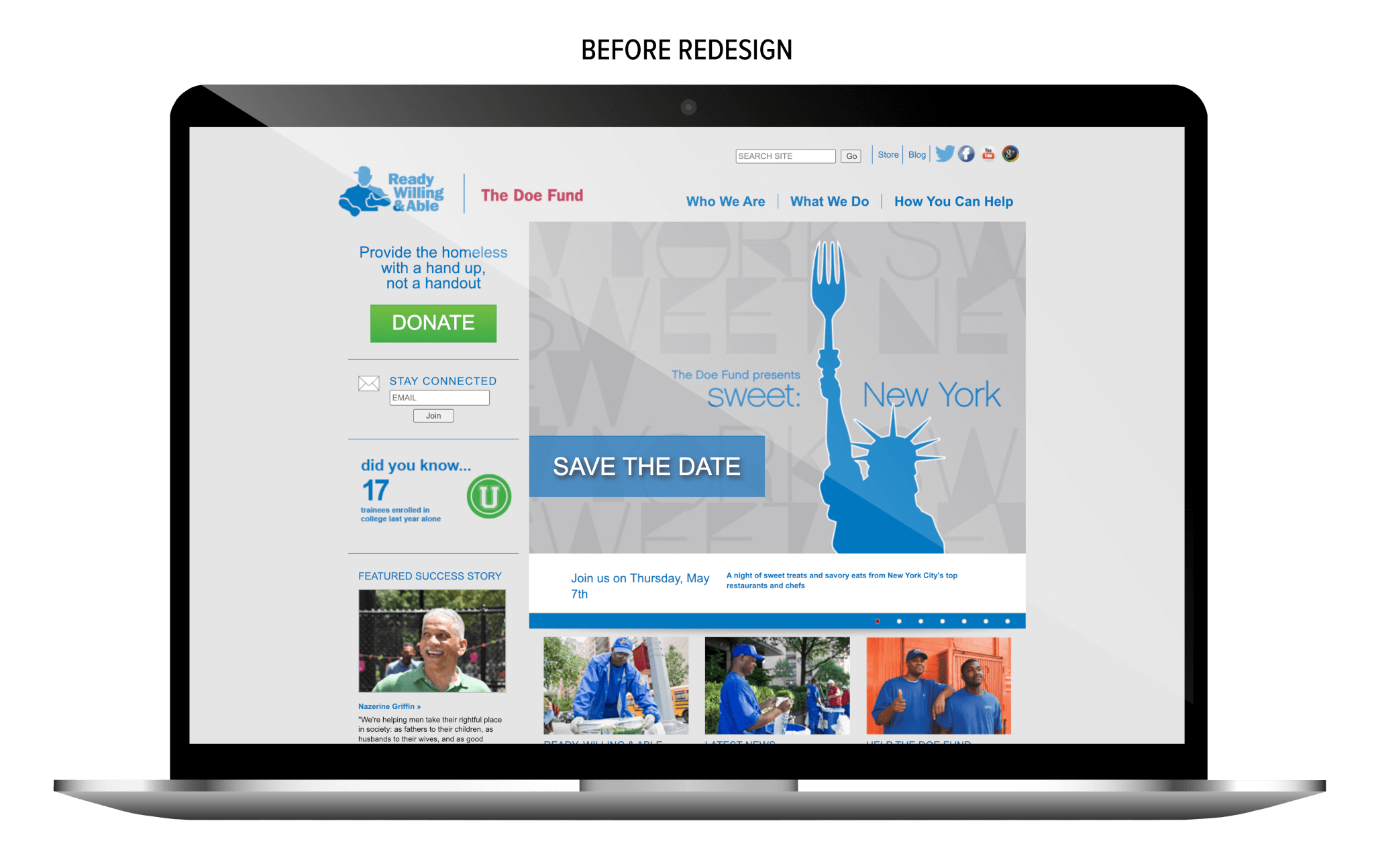 Original Doe Fund website before redesign, featuring donation prompt, email signup, success story, and ‘Save the Date’ event graphic with Statue of Liberty holding a fork.