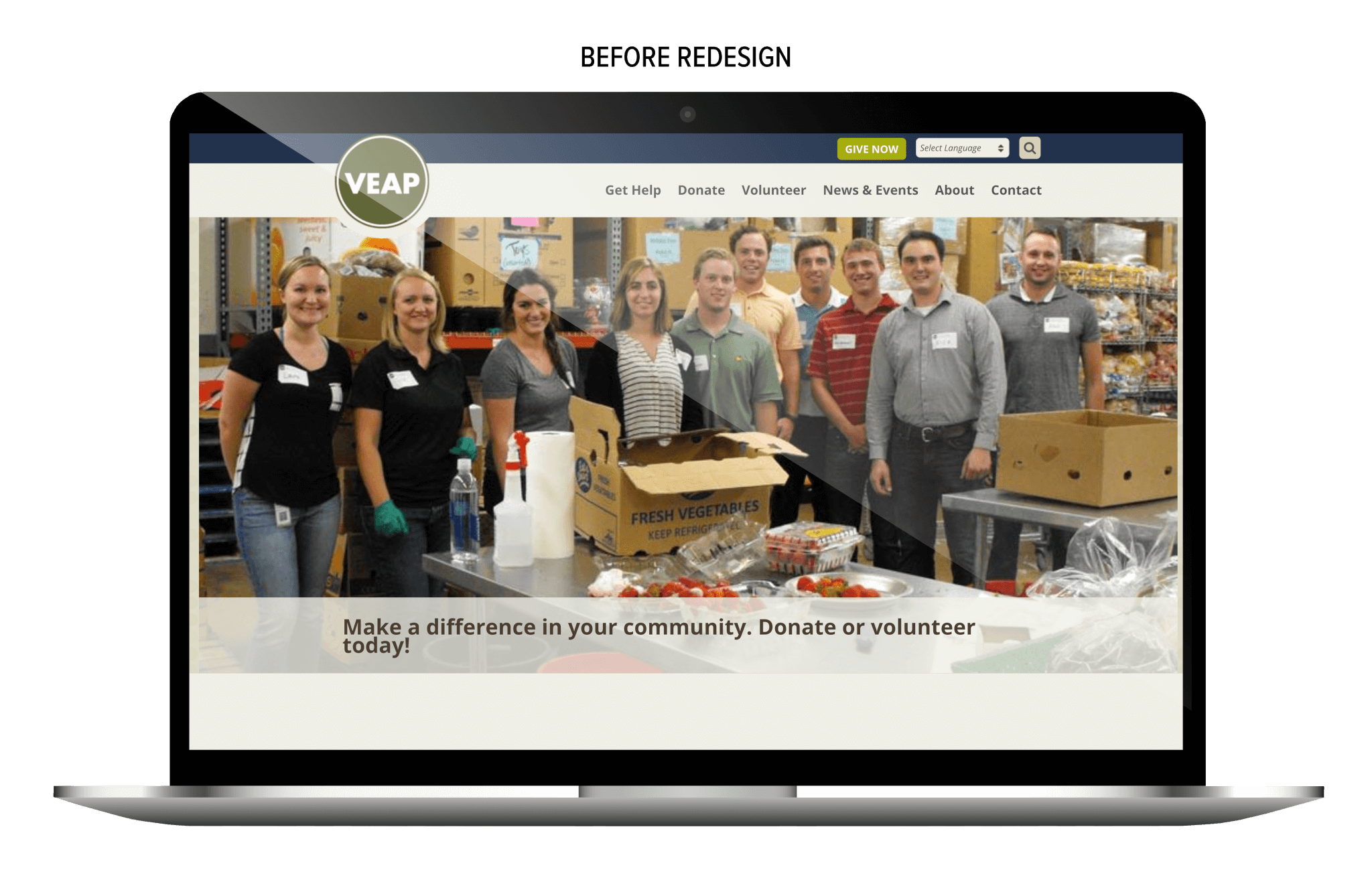 Photo of the VEAP website displayed on a laptop screen. The homepage features a group of volunteers standing and smiling in a food pantry surrounded by boxes of produce and supplies. Text below the image reads, “Make a difference in your community. Donate or volunteer today!” The navigation menu includes options like Get Help, Donate, Volunteer, News & Events, About, and Contact.