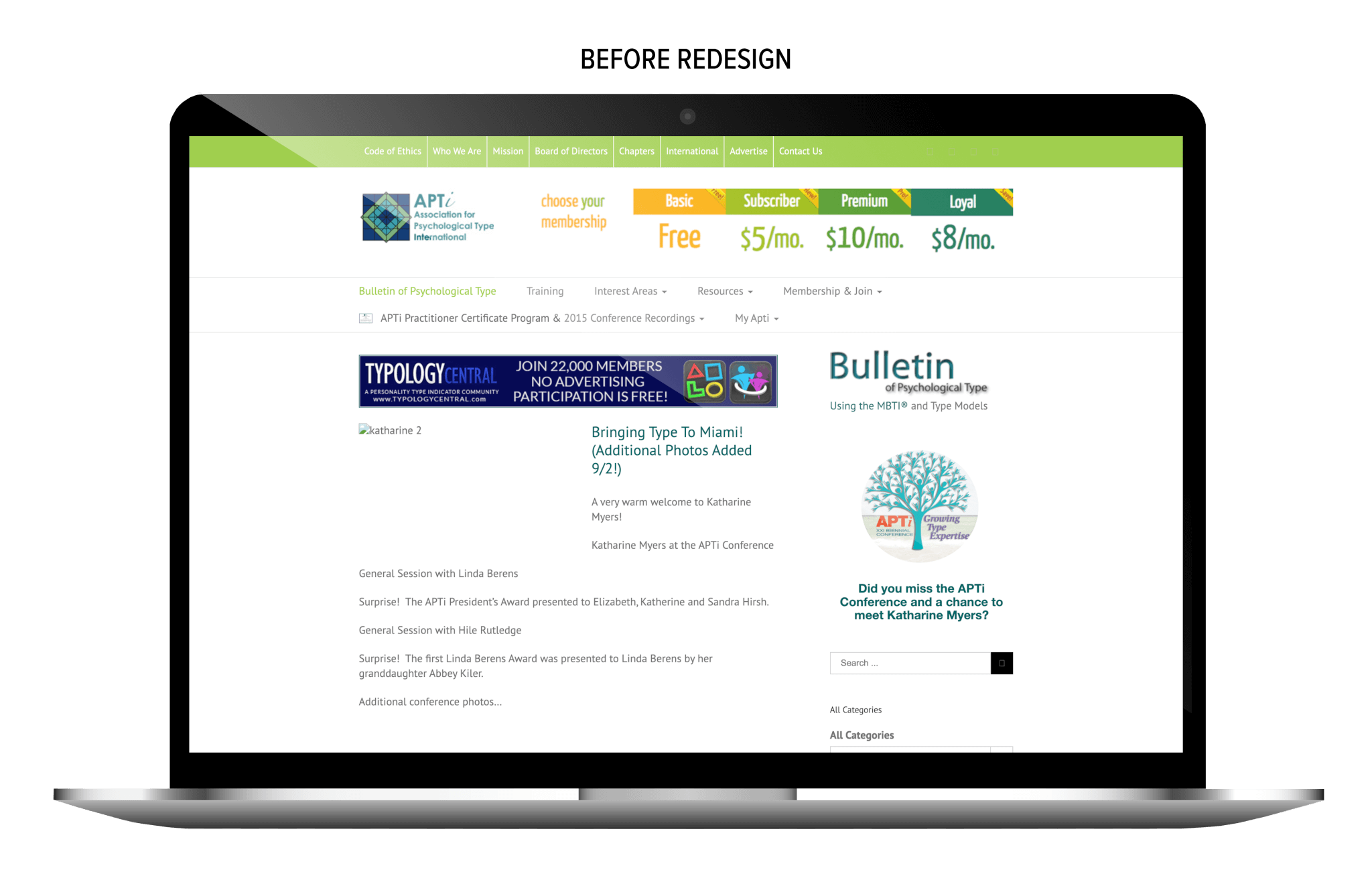 APTI website homepage before ArcStone’s redesign, displayed on a laptop screen, with a green navigation bar, membership pricing options, and a bulletin section highlighting conference updates and resources.