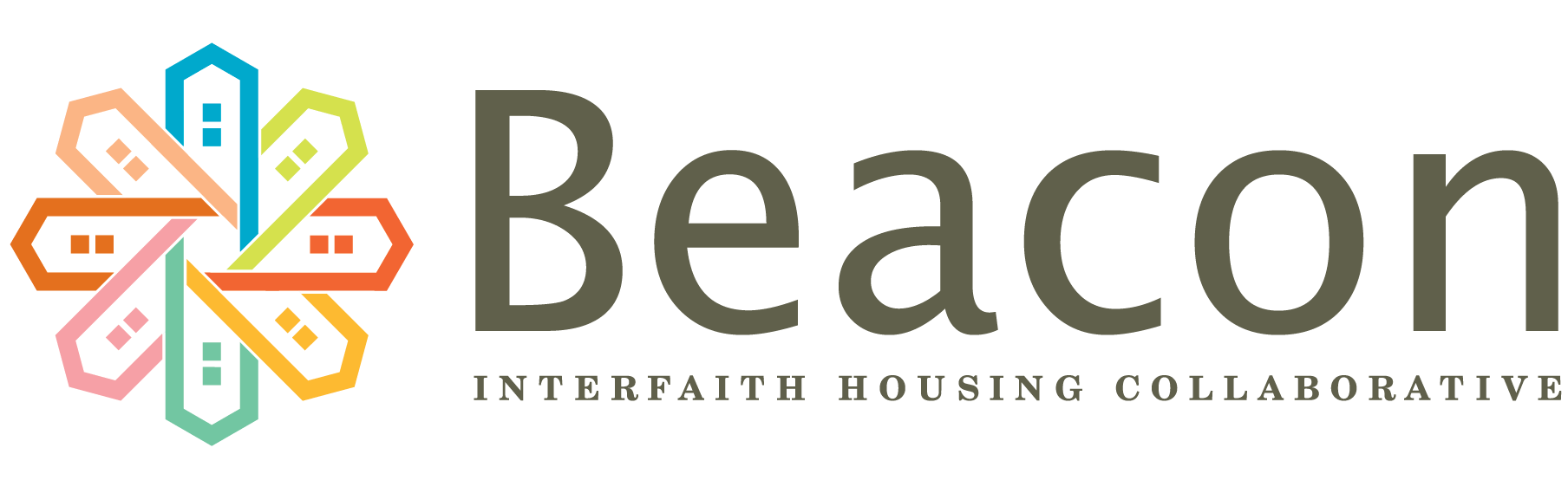 The Beacon Interfaith Housing Collaborative logo. The design features a colorful flower-like icon made of house-shaped elements in orange, pink, teal, green, and yellow, arranged in a circular star pattern. To the right, the word “Beacon” is written in large dark gray letters, with the tagline “Interfaith Housing Collaborative” in smaller uppercase text below.