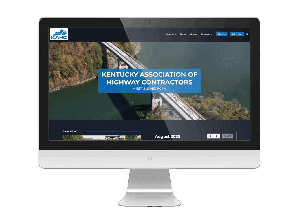 Redesigned KAHC website homepage showing bridge aerial view with title and navigation menu.