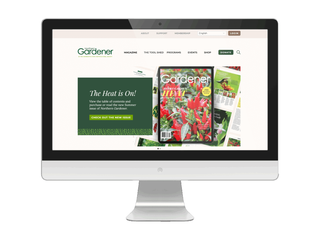 Redesigned website for Northern Gardener, a publication by the Minnesota State Horticultural Society. The website is presented on a desktop monitor and features a prominent magazine promotion on the homepage.