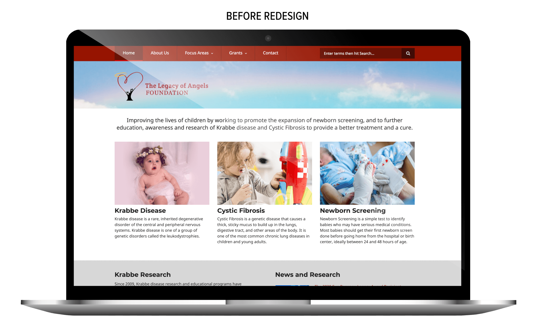 Legacy of Angels Foundation website before ArcStone’s redesign, featuring sections on Krabbe Disease, Cystic Fibrosis, and Newborn Screening.