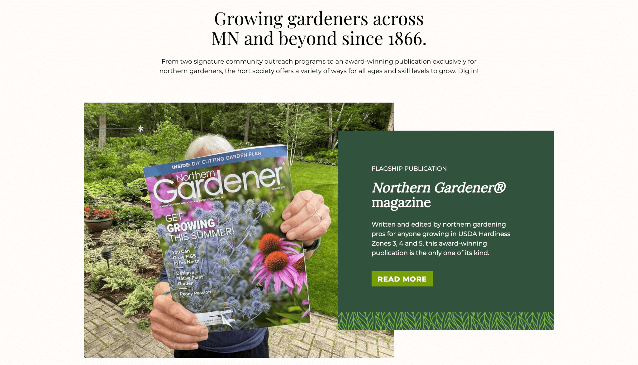 Person holding Northern Gardener magazine in a garden with publication description on the right
