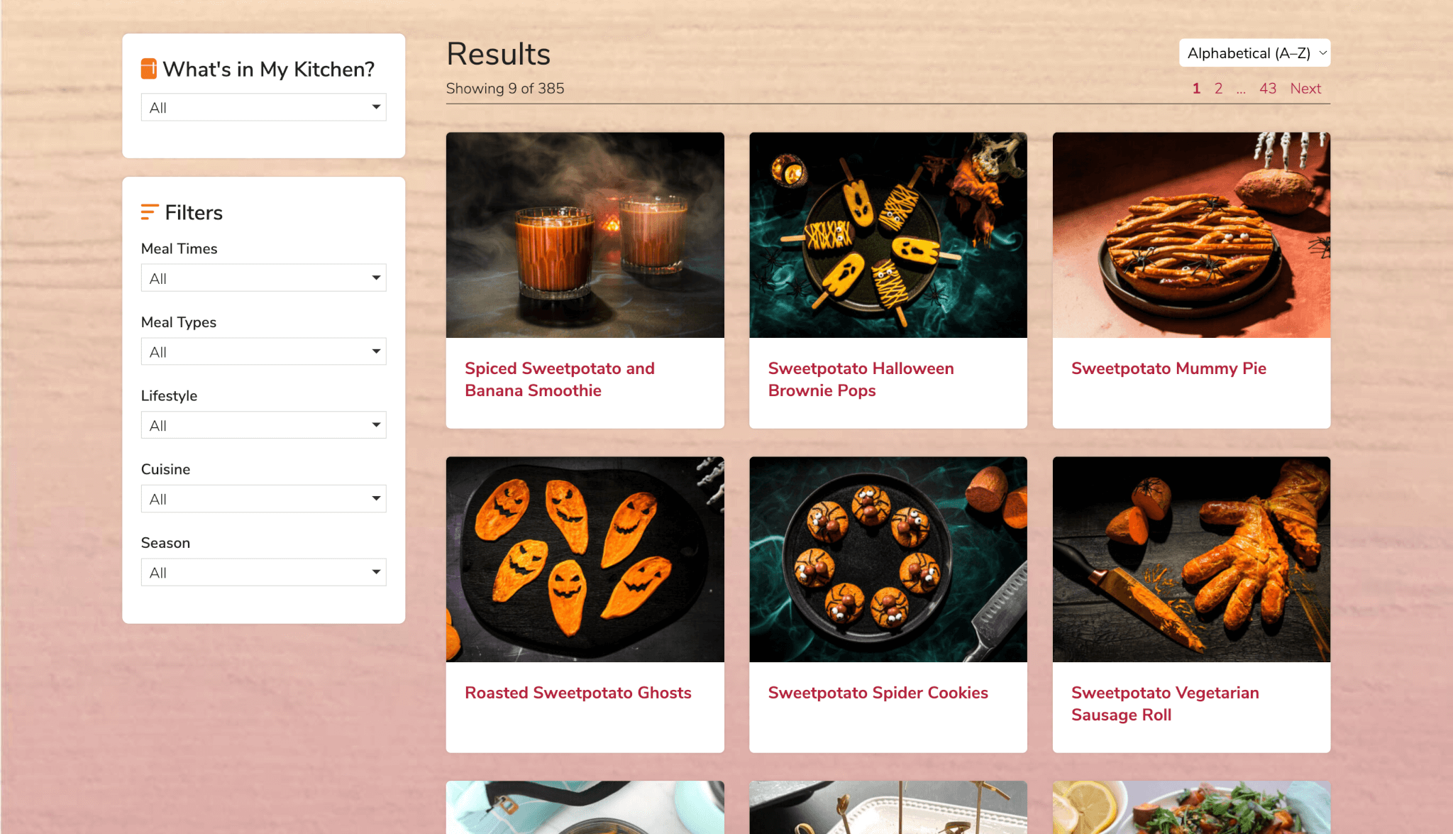 A recipe browsing webpage showing Halloween-themed sweetpotato dishes. On the left, there are filters for ingredients, meal times, meal types, lifestyle, cuisine, and season. In the main results section, nine recipe cards are displayed with photos and titles, including: Spiced Sweetpotato and Banana Smoothie, Sweetpotato Halloween Brownie Pops, Sweetpotato Mummy Pie, Roasted Sweetpotato Ghosts, Sweetpotato Spider Cookies, and Sweetpotato Vegetarian Sausage Roll. At the top right, there’s a dropdown for sorting (currently set to "Alphabetical A–Z") and page navigation showing “1 2 … 43 Next.”